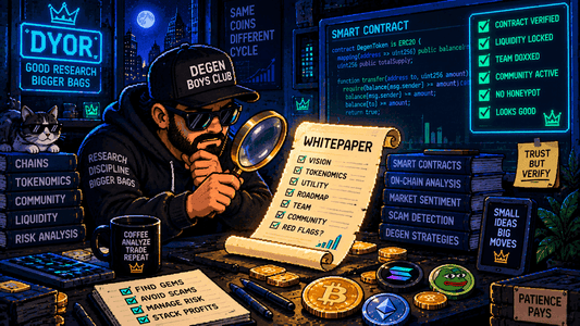 Pixel art character examining a glowing whitepaper and smart contract code with a magnifying glass, DYOR concept