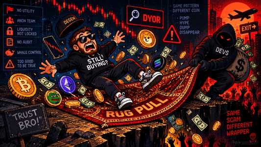 Pixel art of a rug being pulled out from under a character by a shadowy figure, coins flying, crypto rug pull warning