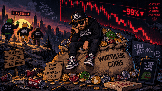 Pixel art defeated character sitting on a heavy sack of worthless coins next to a crashed chart, bag holder concept