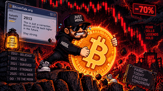 Pixel art character gripping a glowing Bitcoin coin during a crashing candlestick chart, HODL concept