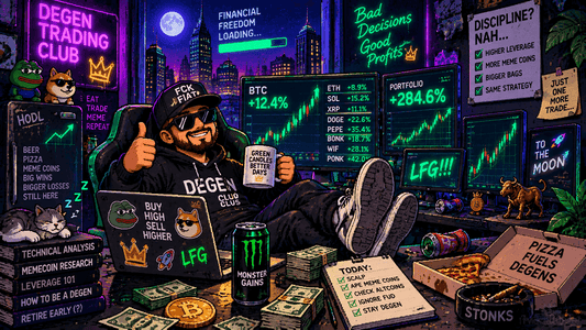 Pixel art degen character in hoodie and sunglasses at a chaotic crypto trading desk