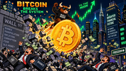 Pixel art Bitcoin bull breaking through a Wall Street wall as bankers flee, Bitcoin Breaks the System
