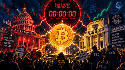 Pixel art countdown clock between the US Capitol and the Federal Reserve building looming over a giant Bitcoin coin, D-Day for crypto