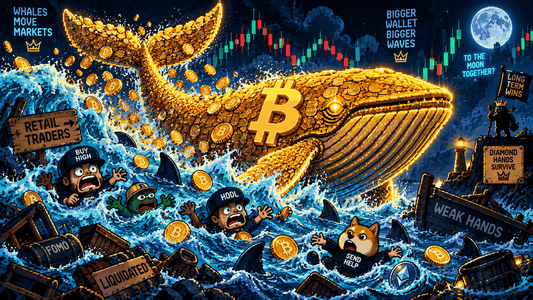 Pixel art whale made of golden coins swimming through a stormy candlestick chart ocean, crypto whale concept