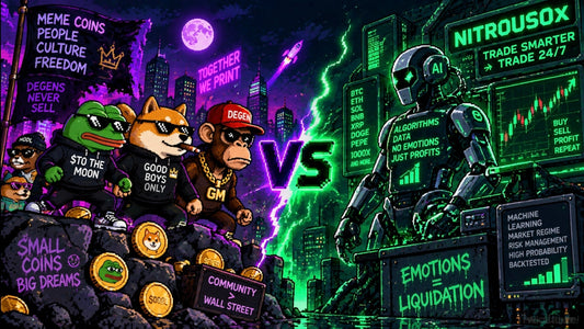 Pixel art crypto meme coins and AI trading bots facing off, to the moon