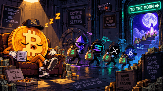 Pixel art sleepy Bitcoin character napping while Ethereum, Solana, XRP and Cardano characters sneak past with bags of money toward a moon exit sign