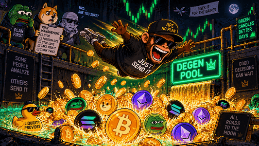 Pixel art ape character leaping into a pool of glowing crypto coins without looking, ape in concept