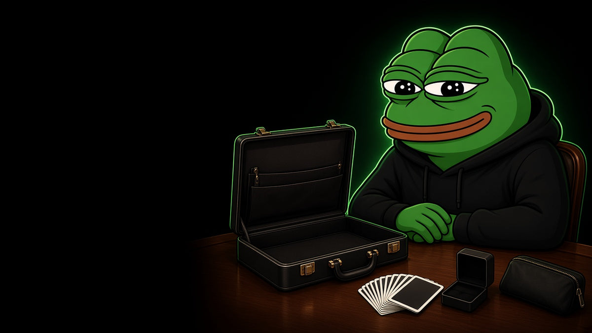 Pepe the frog in a black hoodie with an open briefcase, playing cards, jewelry box and pouch – Degen Boys Club accessories