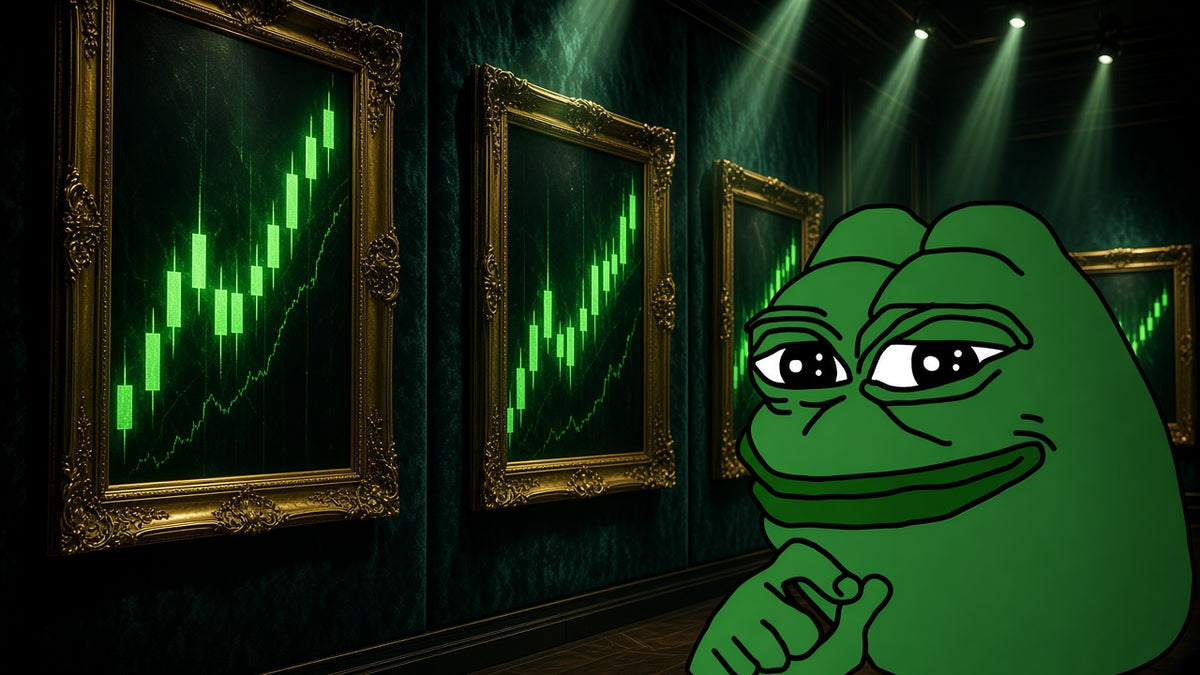 Pepe the frog admiring gold-framed neon candlestick chart paintings in a dark gallery – Degen Boys Club canvas art