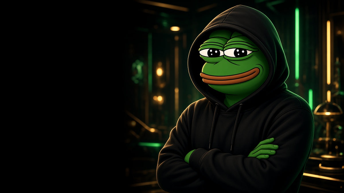 Pepe the frog in a black hoodie with the hood up, arms crossed, neon green lounge – Degen Boys Club hoodies