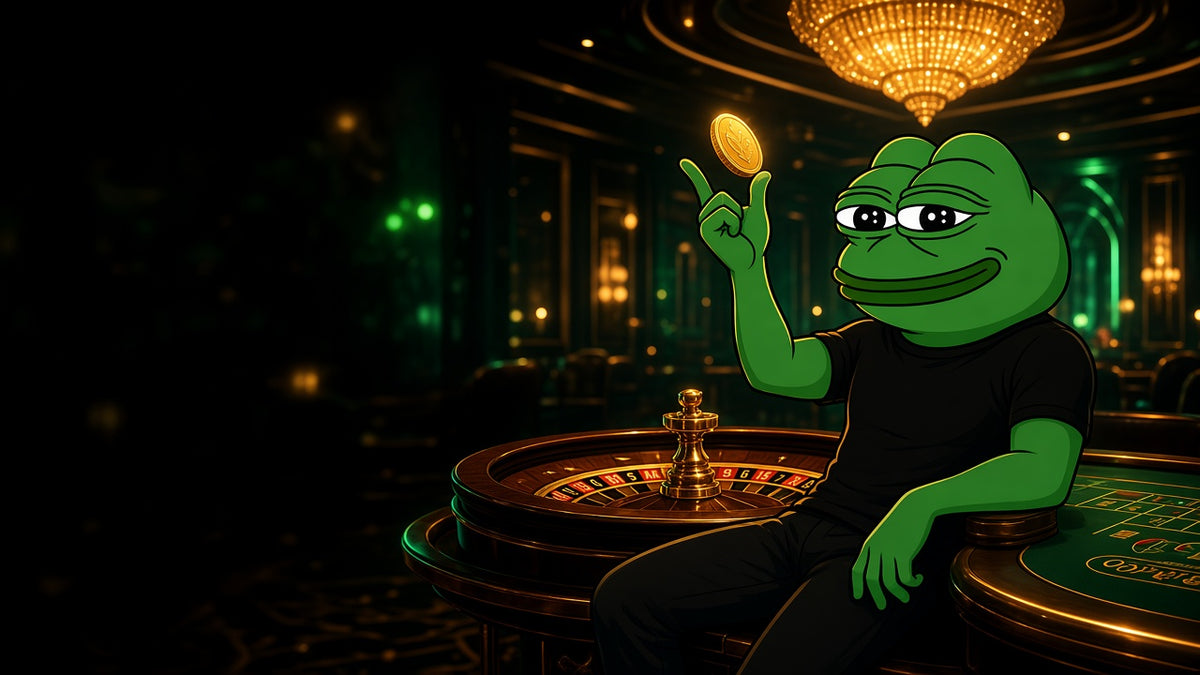 Pepe the frog in a black t-shirt flipping a gold coin at a casino roulette table – Degen Boys Club tees