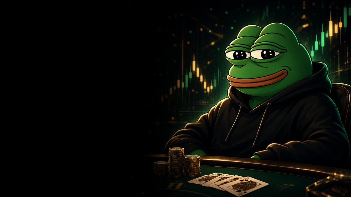 Pepe the frog in a black hoodie at a dark casino poker table with gold chips and cards – Degen Boys Club